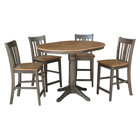International Concepts Round 36 in Rd Extension Dining table, 4 San Remo counterHt stools, Hickory/Coal, 36 in W, 48 in L K45-36RXT-27B-S102-4
